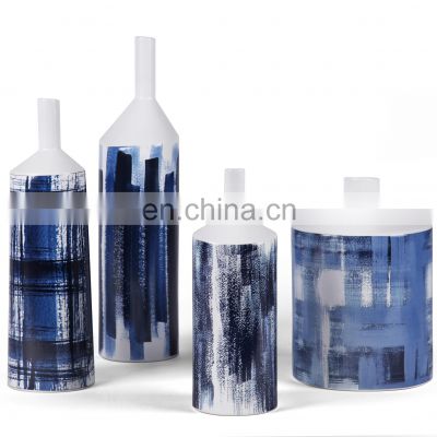 Modern Design Hand Painted Deep Blue Ink Painting Table Decorative White Porcelain  Ceramic Vase For Home Decoration