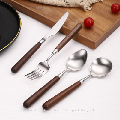 High Quality Wholesale China Factory Price Set of 4 Pieces Plated Silverware Cutlery Set Stainless Steel With Round Wood Handle Dinner Knife Fork Spoon photo-3
