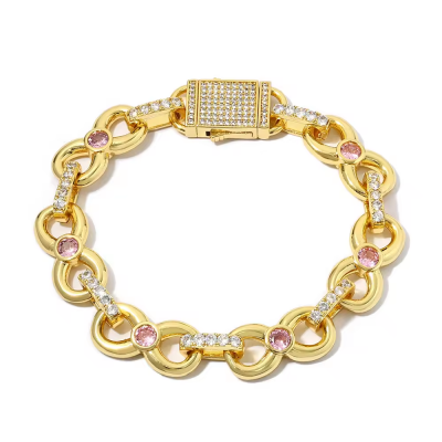 Women's Hip Hop Diamond Bracelet Gold Plated Pink Zircon Infinity Link Chain Elastic Clasp Chain Bracelet Jewelry for Gift photo-4