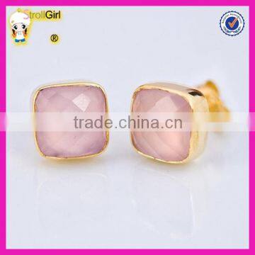 Simple design pink stone gold plated earring fashion Rose Quartz stud earring