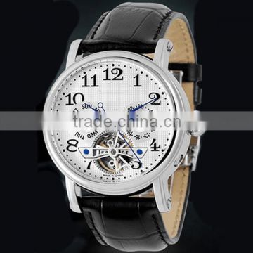 2015 new design automatic watches genuine leather strap men skeleton watches