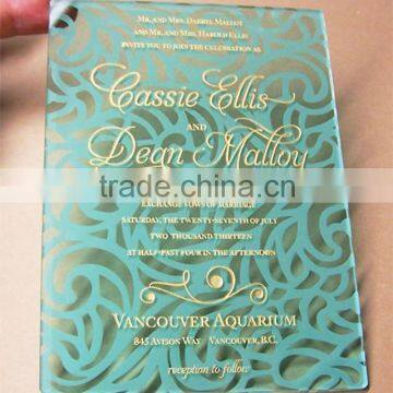 Hot sale elegant transparent acrylic wedding invitations with golden printing&blue stripe                        
                                                Quality Choice