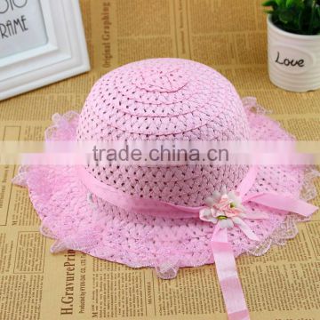 Cute Summer Child Girls Straw,Floppy Flower Beach Hat With Lace Embellishment