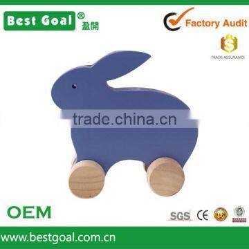 Popular wooden Kid toy animal Blue rabbit on wheel B10217