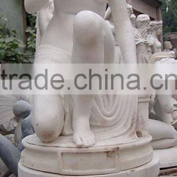 Sitting Nude Girl Statue White Marble Stone Hand Sculpture Carving