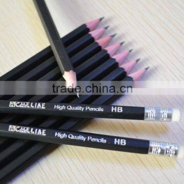 Standard size hexagonal shape matt black coating body graphite HB pencil sharpened with eraser