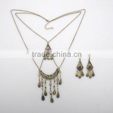 Hot Sale Classical Ethnic Style Statement Long Two Layers Necklace Pendant Earrings Brassiness Jewelry Set Supplier's Choice photo-2
