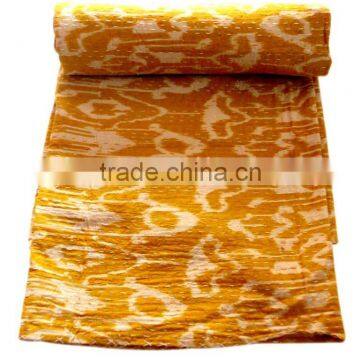 RTHKG-24 Ikat Yellow Color Printed Indian Bengali Vintage Look Cotton Kantha Gudari Bedspread Traditional Wholesaler Throws