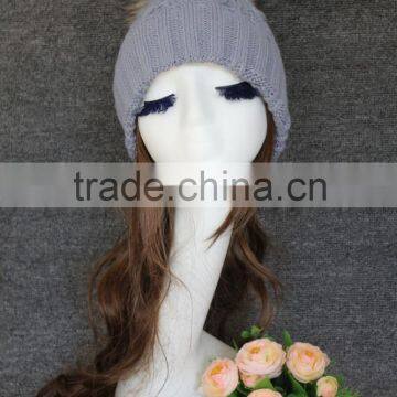 High quality wool cable knit beanie hat raccoon fur pom pom custom fur hats