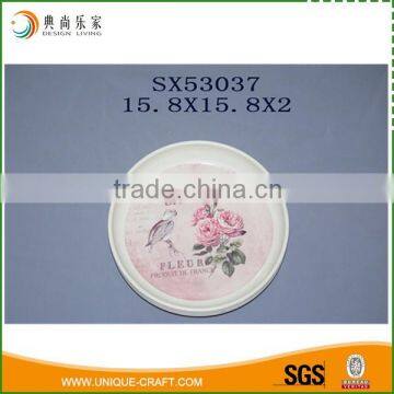 Wholesale Round Pink Rose And Bird Decoupage Metal Plate For Decoration