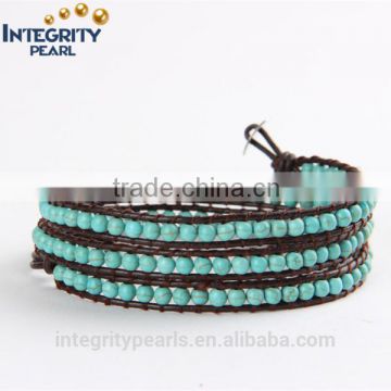 4mm natural blue turquoise gemstone braided multi strand leather bracelet