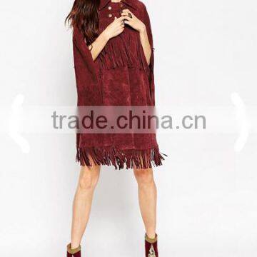 Women Clothes Factory Manufactuer 2015 Suede Leather capes Fringes coats for ladies