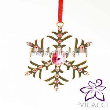 Xmas Ornament VICACCI 14K Yellow Gold Plated Metal Xmas Snowflake With Pink Crystals From Swarovski photo-2