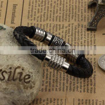 Mens Genuine Leather Bracelet With Magnetic Clasp Stainless Steel Beads photo-3