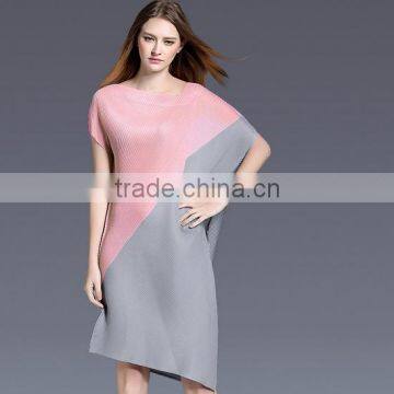 Women pleat trendy high low hem design sloping shoulder dress