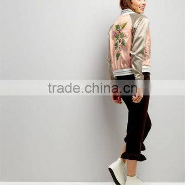 Women Custom Floral Embroidered Satin Bomber Jacket Baseball Jacket With Private Label photo-4