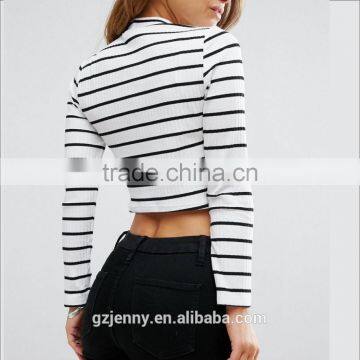 European Style Sexy Women Round Neck White Long Sleeve Top Stripe Cropped T-shirt photo-3