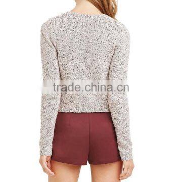 Marled Short Body Rib-knit Cuffs Long Sleeve Pullover Cotton Knit Sweater photo-3