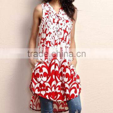 Factory Price Women Outwear With Red And White Floral Button-Front Sleeveless Tunic Women Tops Women Clothing GD90426-33