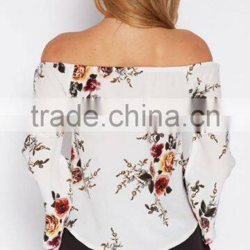 Hot Selling Women Casual Floral Printed off Shoulder Boat Neck Designs Fashion Long Sleeve Blouse for Wholesale 2017 photo-4