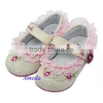 NEW Baby Girls Hot Pink Flower Light Pink Rose Embroidered Lace Crib Shoes 0-18M