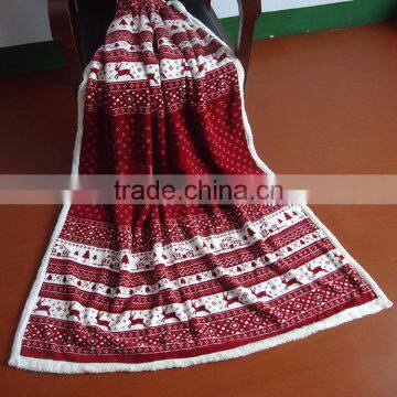 printed with christmas design red coral fleece/sherpa double layers sherpa throw
