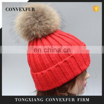 Fashion design acrylic pom pom knit hats wholesale knit hats raccoon animal fur factory price