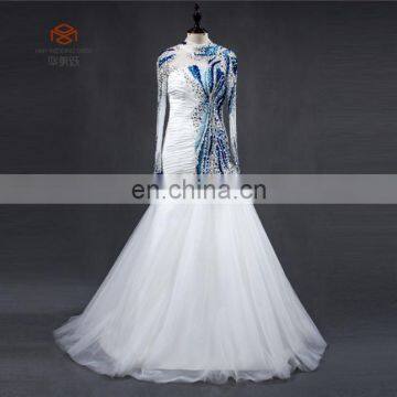 High Quality Mermaid Long Sleeve Chiffon Ruching Evening Beaded Chiffon Dress