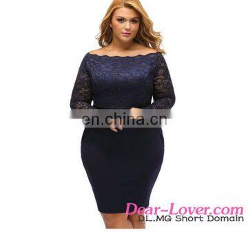 Wholesale Ladies Elegant Sexy Navy Off Shoulder Plus Lace Dress