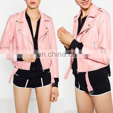 Bulk wholesale clothing custom pink color woman leather jacket