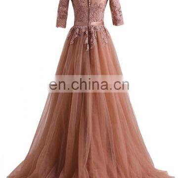 Half Sleeves Scoop Tulle Long Evening Dresses 2016 Appliqued Sweep Train Prom Dress Vestido De Festa Longo Formal Dress photo-2