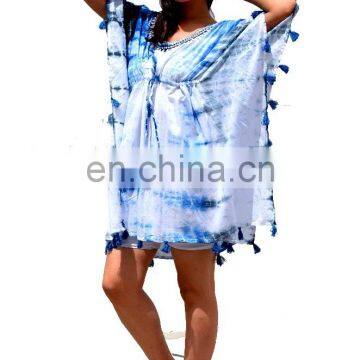 Women's Beachwear Exclusive Cotton Tie & Dye Kaftan / Designer Hand Sequins Work Cotton Tie Dye Mini Kaftan Poncho