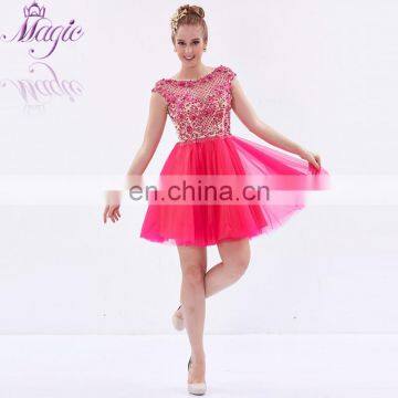 New Arrival Hot Pink Cap Sleeve Short Prom Dress 2017 Short Puffy Prom Dresse