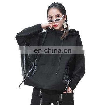 TWOTWINSTYLE  Patchwork Sweatshirt For Women Hooded Collar Batwing Sleeve Zipper Lace Up Oversized Sweatshirts