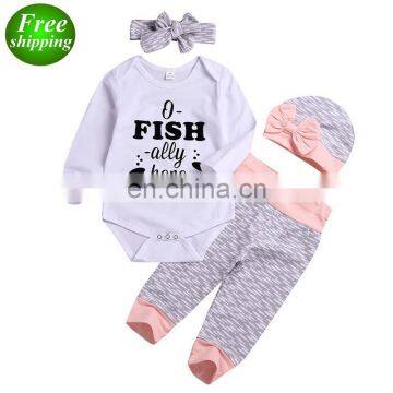 "Fish -ally here" 2019 white baby romper & ocean pp pants & bow hat & headband 4pcs set