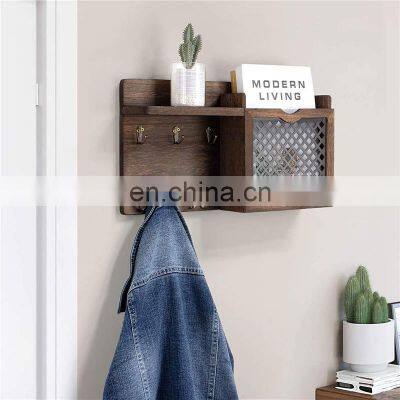 Entryway Mail Envelope Organizer with 7 Key Hooks Wall Mounted Rustic Wood Mail Holder Shelf with Key Hooks for Wall