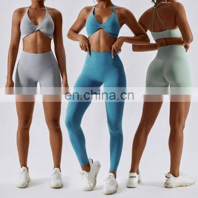 Custom 3 Pcs Yoga Scrunch Butt Gym Shorts Sets Fitness Women Front Twist Sports Backless Bras