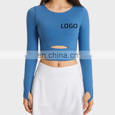 Wholesale built in bra long sleeve gym yoga crop top hollow out round neck sports pullover tee shirt outdoor running wear