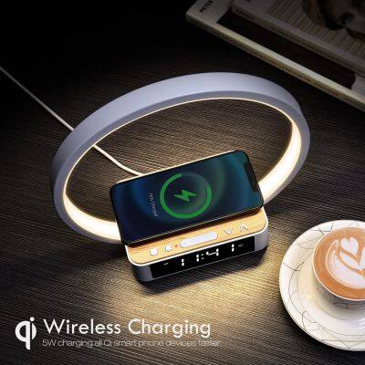 3 in 1 Wireless Charger Touch Control LED Desk Lamp With Night Light Alarm Clock-15W Output Power Wooden Bedside Table Lamp