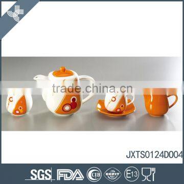 Orange and white colored 15pcs porcelain tea set with gold line decal