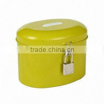 Coin box with lockMoney Box with Lock, Coin Box, Tinplate with CMYK Printing, EN71 Mark