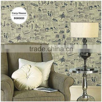 inexpensive printed vinyl coated wallpaper, apricot yellow vintage newspaper wall paper for hallway , eco wallcovering price