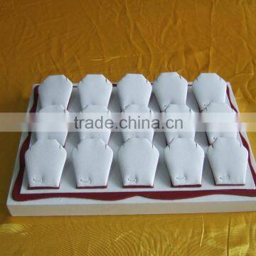 Customized wooden display tray wrapped with white vevelt for necklaces