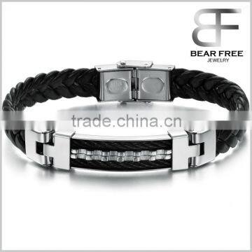 Genuine Pu Leather Men's Bracelet Stainless Steel Braid Wristband Bangle Men's Gift