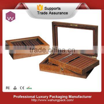 Transparency Glass Window KeyLock Brown Wood Pen Display Box With Tray