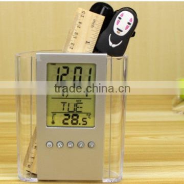 office stationery lcd display digital alarm clock with pen holder