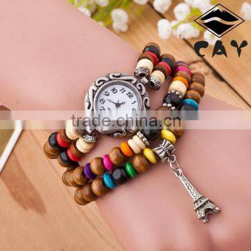 Fashion vintage wood handmade beaded watches with leaf pendant