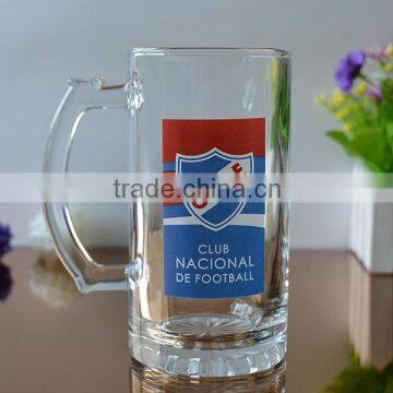 Clear beer glass cup with handle with printing