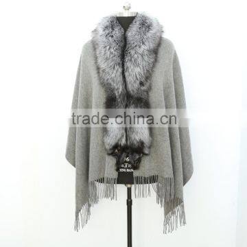 2015 wholesale cashmere cape with silver fox fur collar