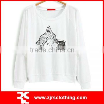 Womens Spring Autumn Long Sleeve Cotton T-shirt with Silk Screen Print Cat